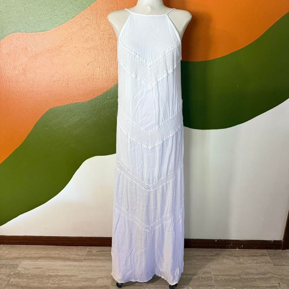 White Maxi Dress boho tiered sleeveless fairy cottage boho coastal angle Sz S